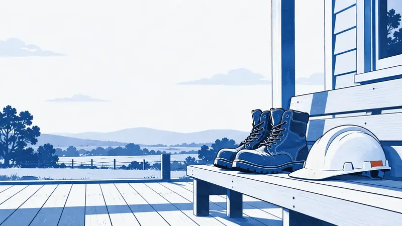 A pair of work boots and a hard hat on a timber veranda bench.