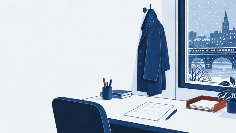 A wool coat hanging above a desk with a blank paper form, snow falling outside the window.