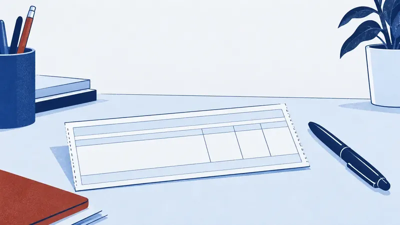 A blank paycheck stub lying on an office desk beside a pen.