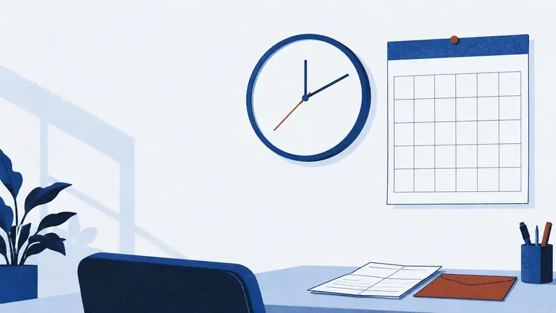 A plain wall clock beside a blank calendar grid pinned to the wall.