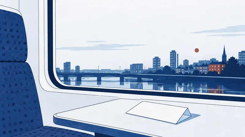 A commuter train window seat with a folded blank payslip on the small table.