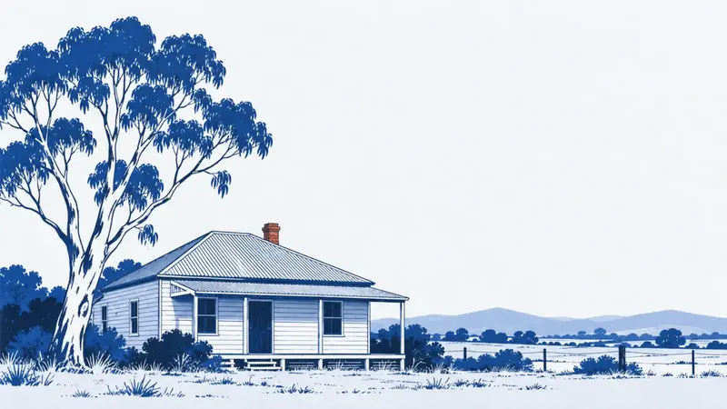 A low weatherboard house with a corrugated iron roof beside a eucalyptus tree.